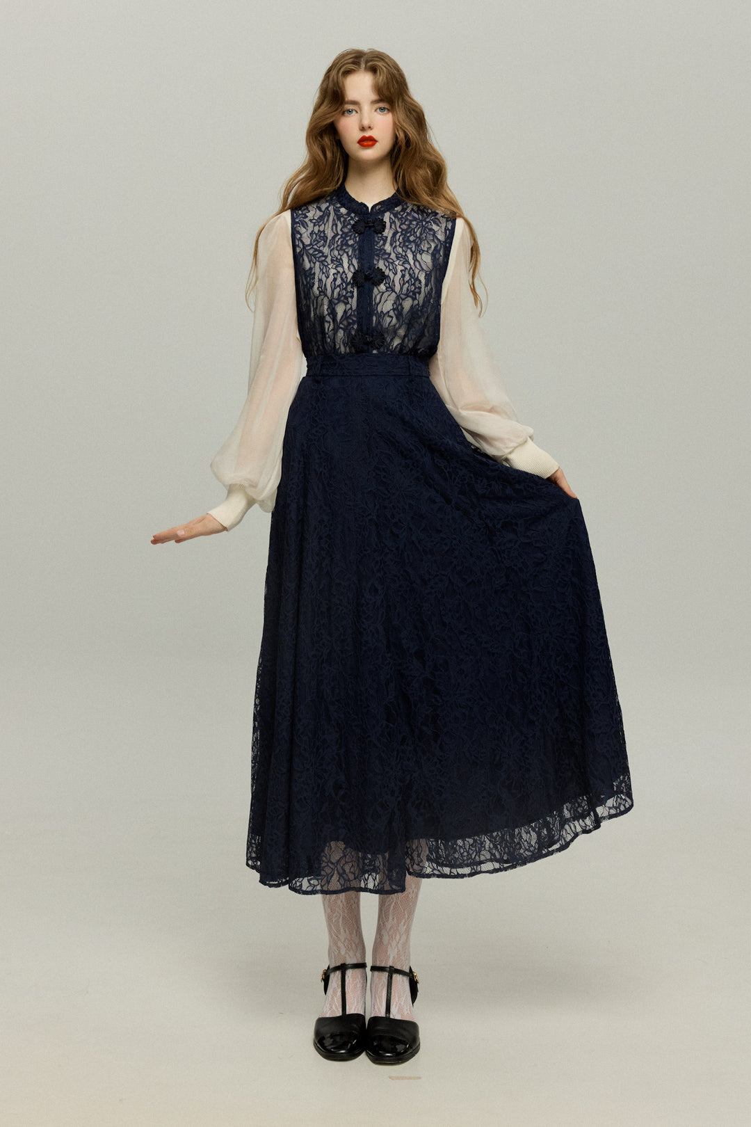 《100年も前からある》チャイナバックルスリーブレストップス-Navy