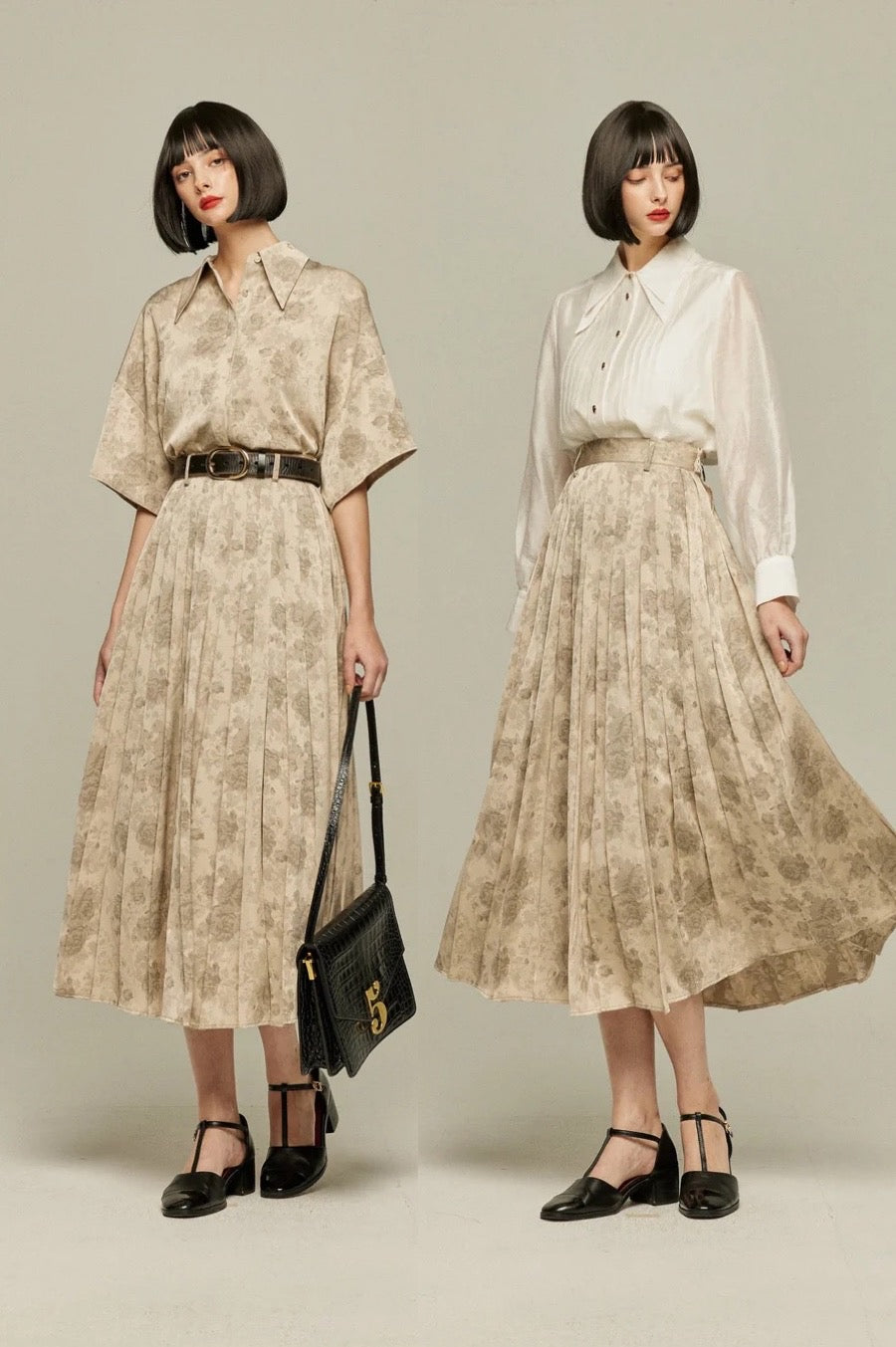 《ステージに花束を投げて》シノワズリハイウエストプリーツスカート-Beige