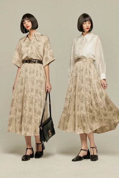 《ステージに花束を投げて》シノワズリハイウエストプリーツスカート-Beige