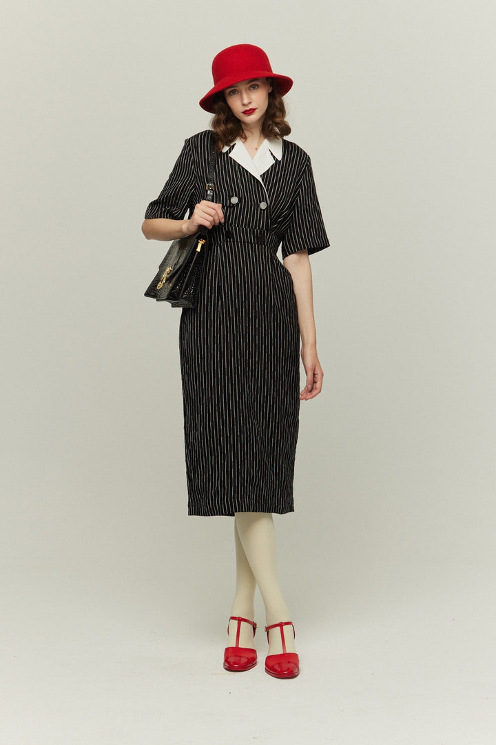 《ジェシカの陰謀》ダブルブレストストライプパターンドレス-White Stripe