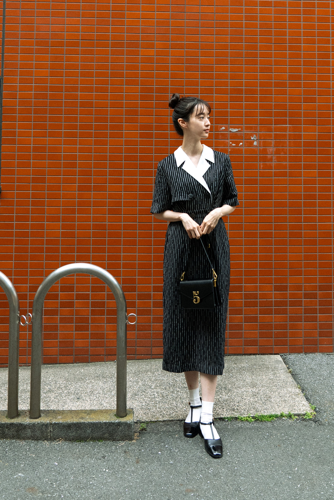 《ジェシカの陰謀》ダブルブレストストライプパターンドレス-White Stripe