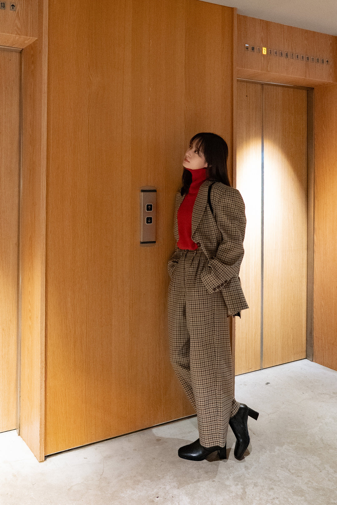 《テディベアの耳をちくちく直す》ハイウエストワイドチェックパンツ-Brown