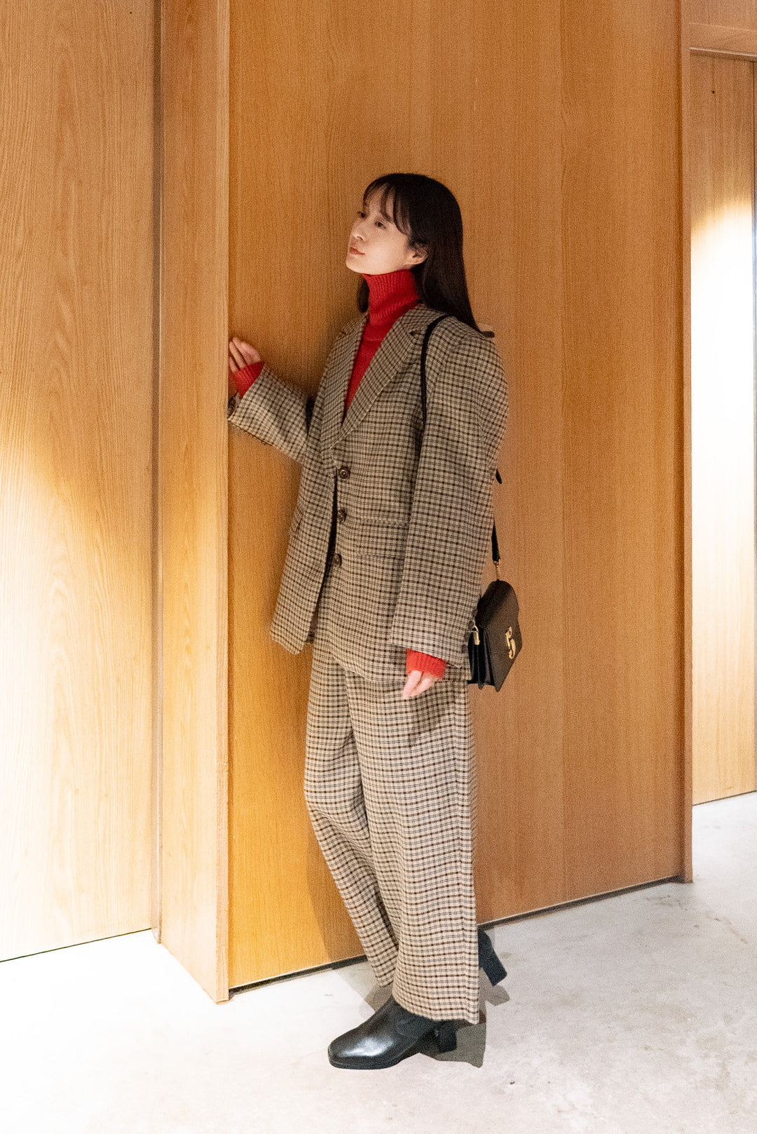 《テディベアの耳をちくちく直す》ハイウエストワイドチェックパンツ-Brown