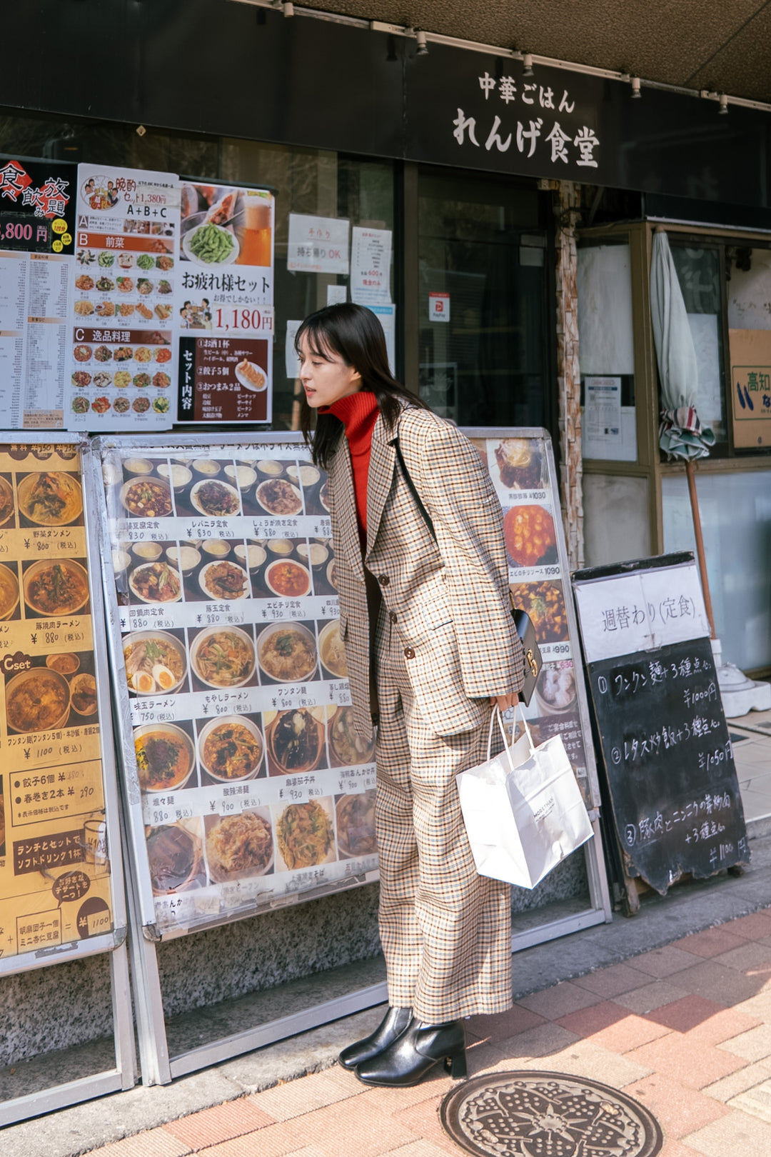 《テディベアの耳をちくちく直す》ハイウエストワイドチェックパンツ-Brown
