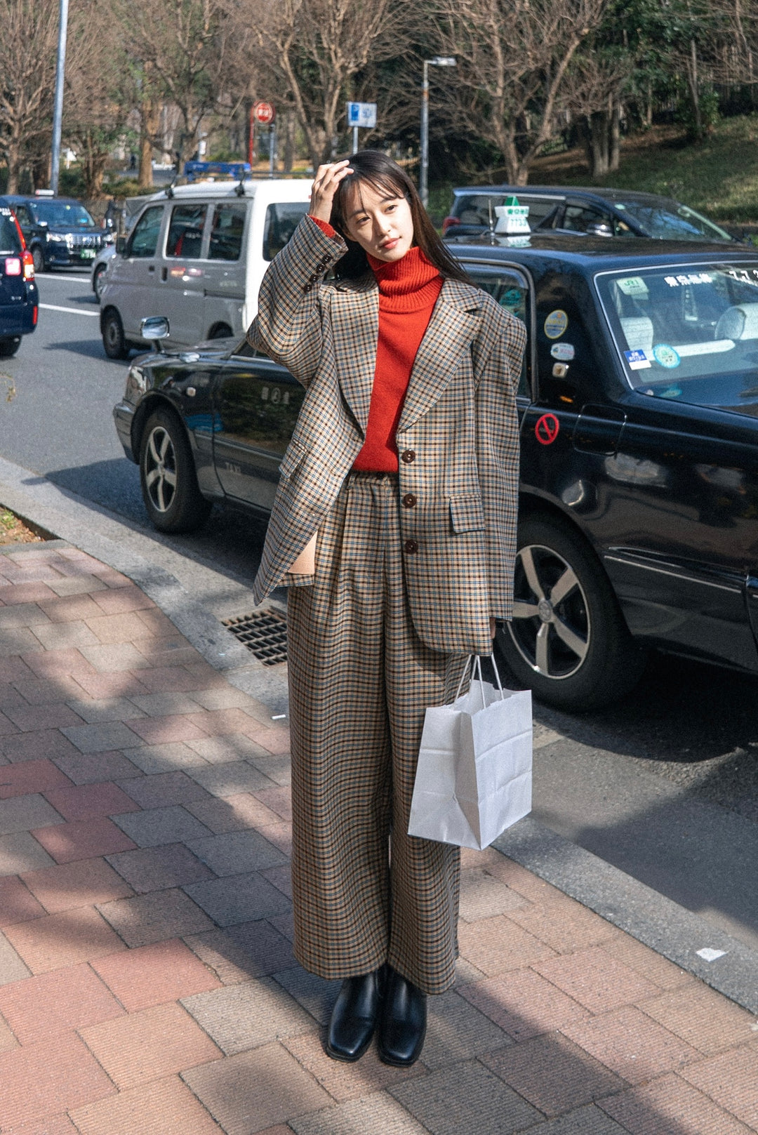 《テディベアの耳をちくちく直す》ハイウエストワイドチェックパンツ-Brown
