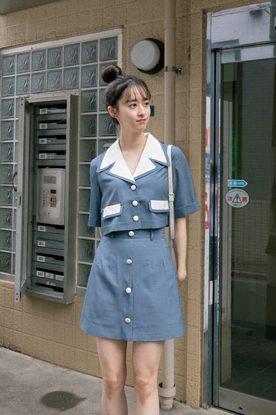 《超能力者のニコル》ロールアップスリーブチェックトップス-Blue