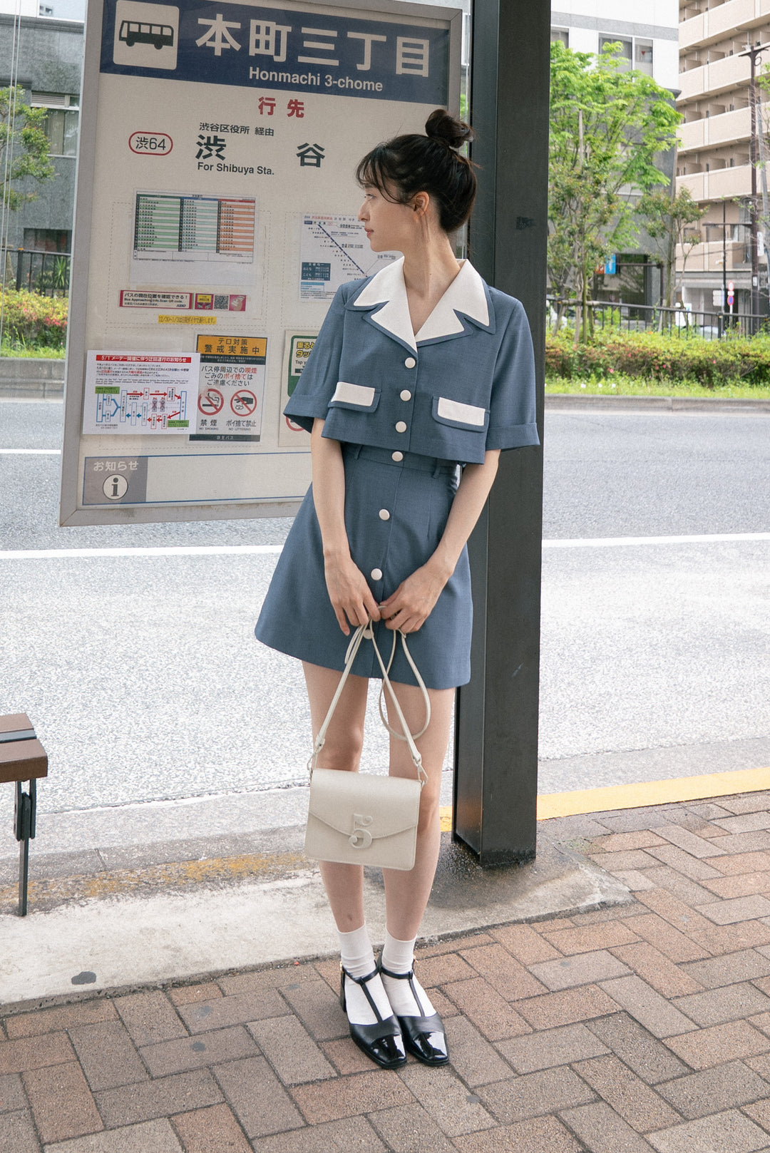 《超能力者のニコル》ボタンダウンハイウエストチェックスカート-Blue