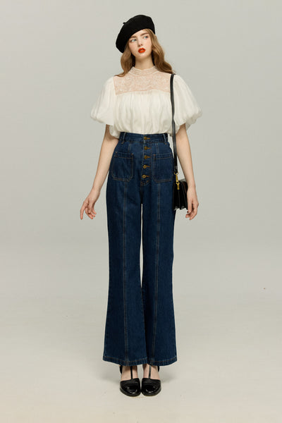 [Annie singing while taking a bath] Front button high waist denim pants - Navy