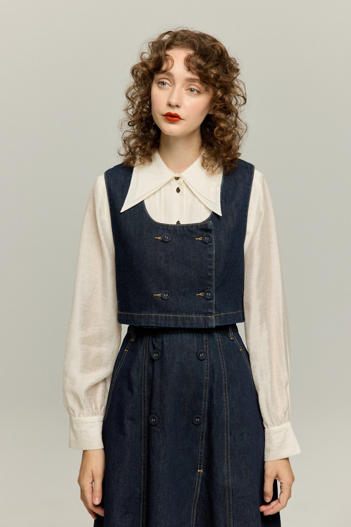 《Maybe It’s a Spaceship》Double-Breasted Denim Vest – Navy