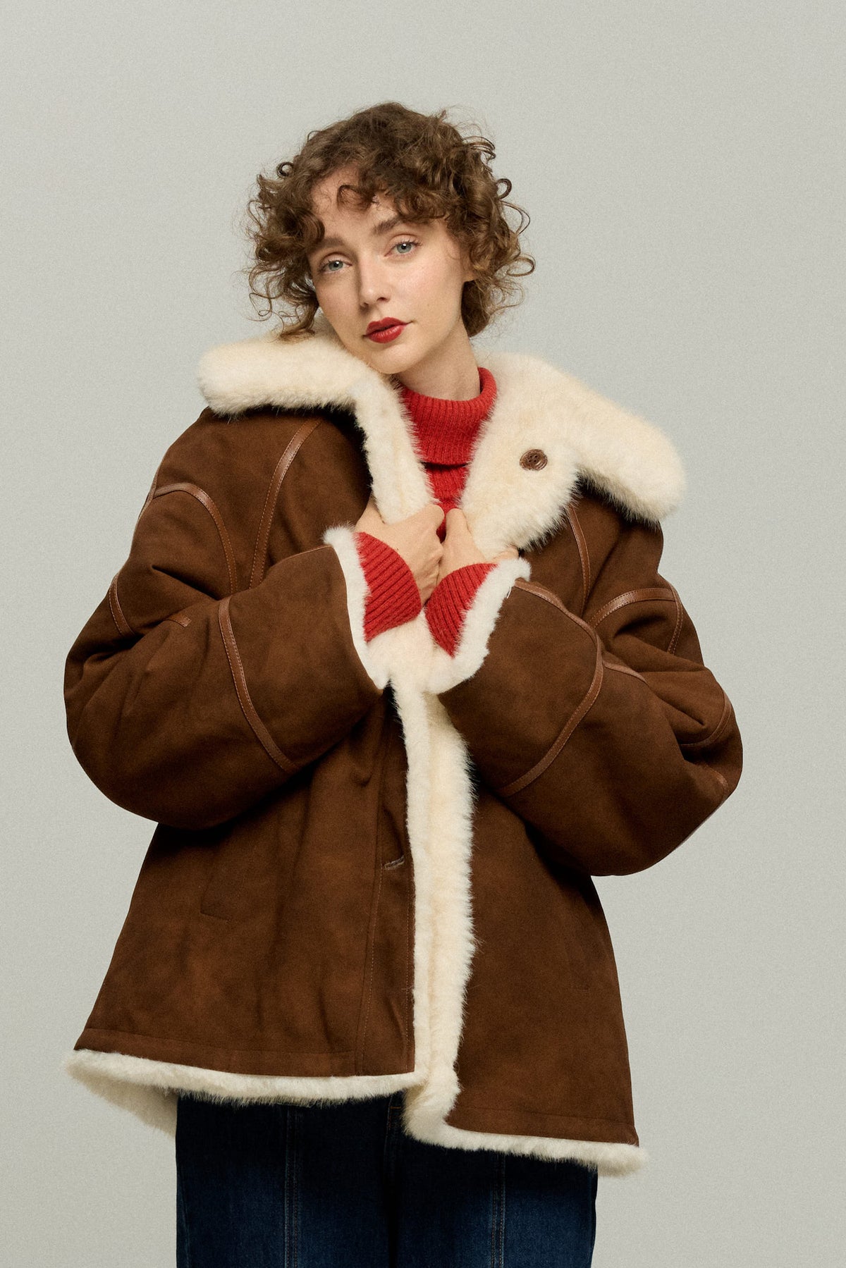 《You’ve Got Flour on Your Face》Reversible Shearling-Style Jacket – Brown