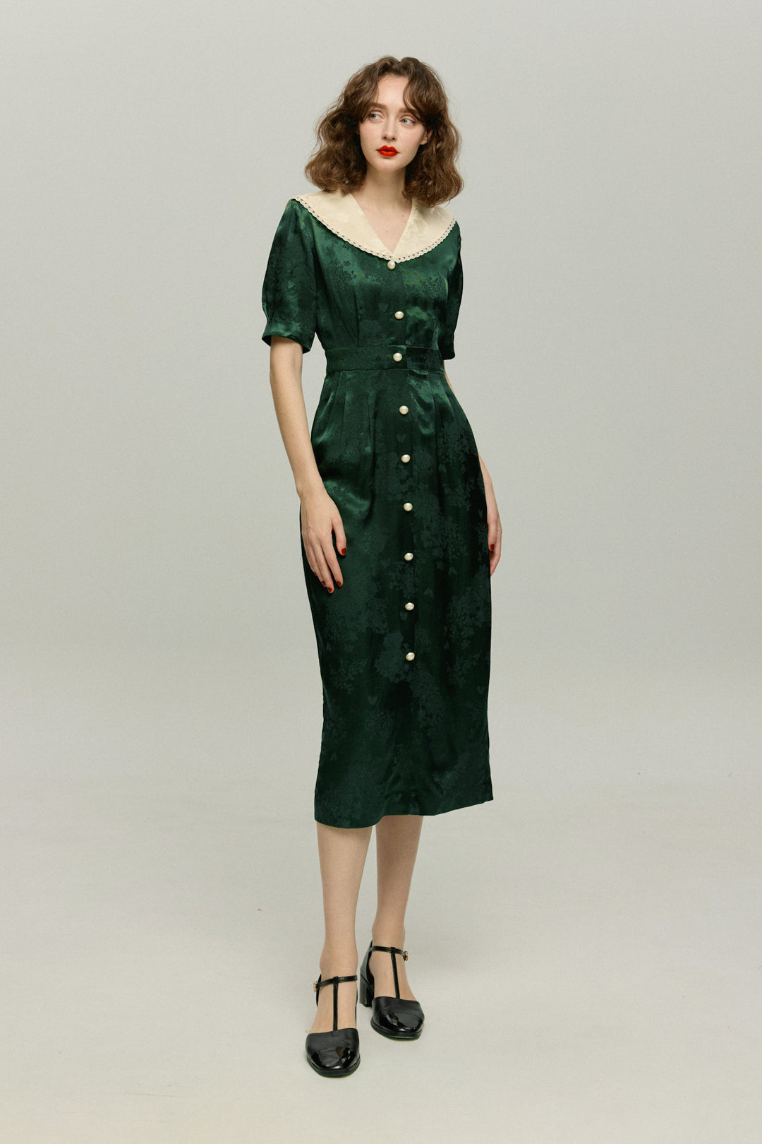 《一籠の包子は何個？》レーストリムジャガードワンピース-Green