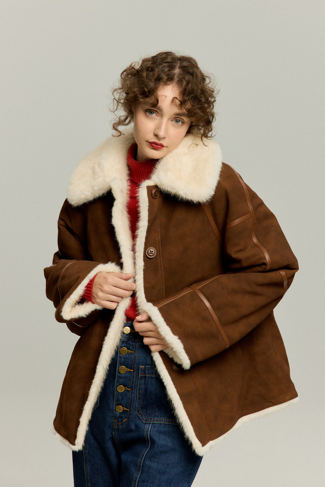 《顔に小麦粉ついてる》リバーシブルムスタンジャケット-Brown