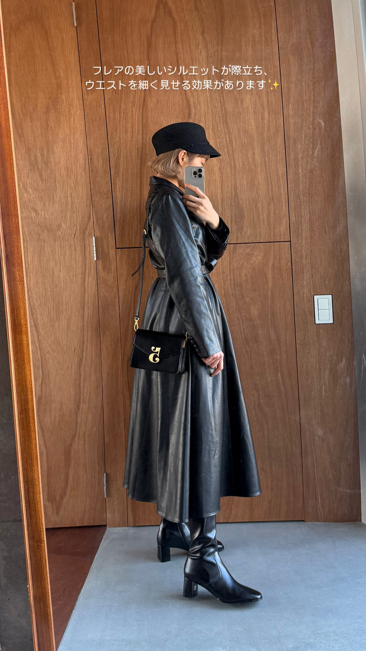 [I started seeing hallucinations] Faux leather long dress coat-Black