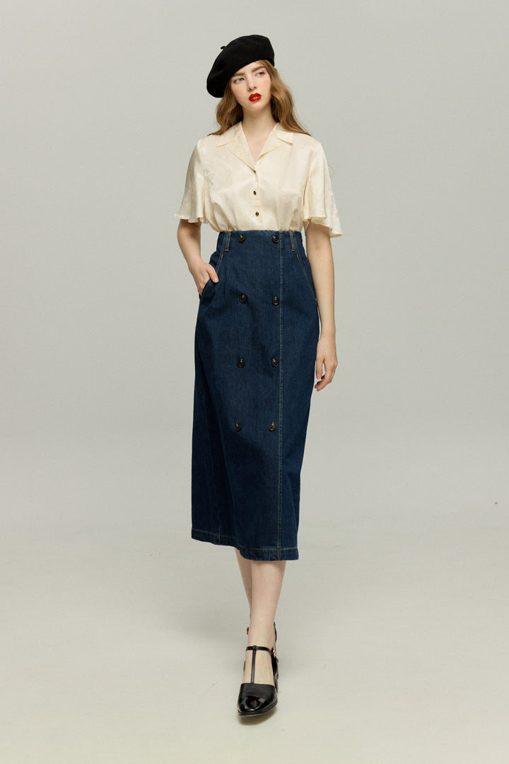 《犬九匹まとめてお散歩中》ダブルブレストハイウエストデニムスカート-Navy