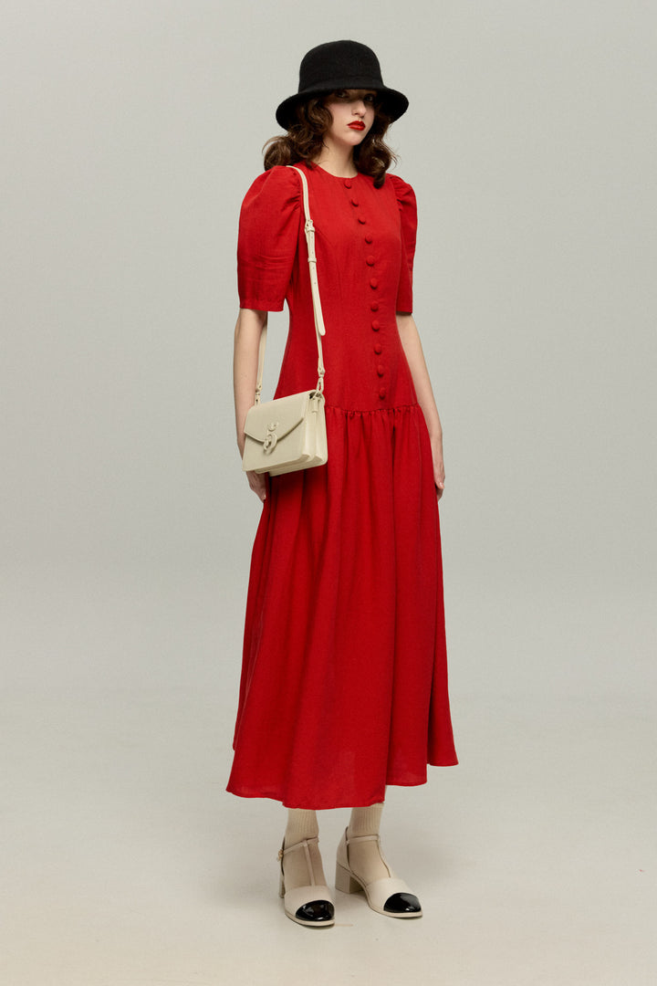 《お耳が長い動物って？》ハイウエストデザインドレス-Red