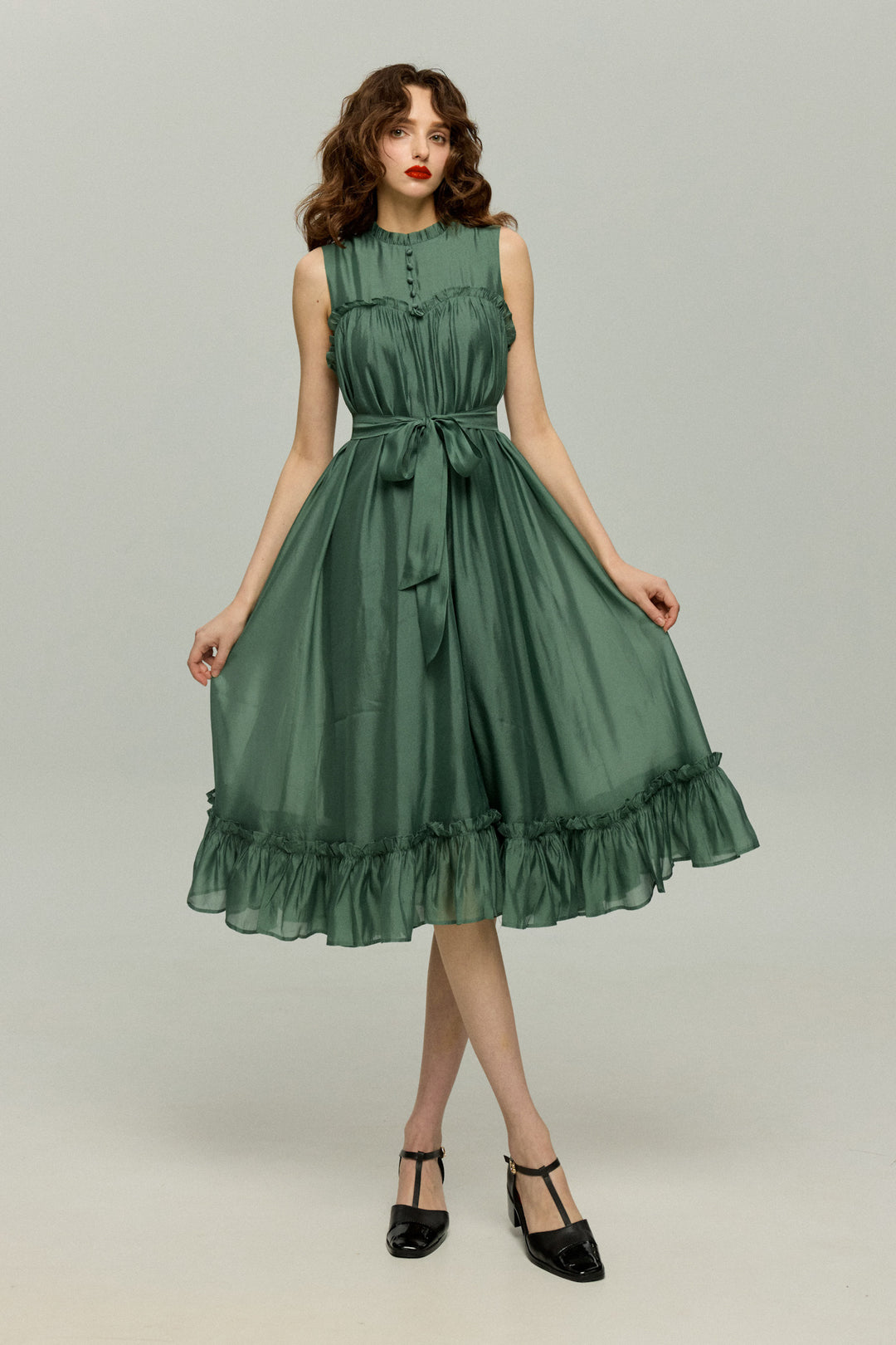 《キラキラ輝く湖面に》ラッフルトリムドレス-Dark green