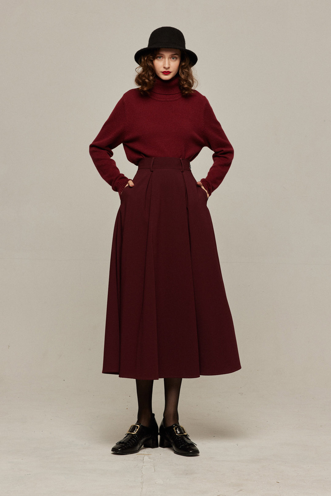 "Toy Train" High Waist Box Pleated Long Skirt