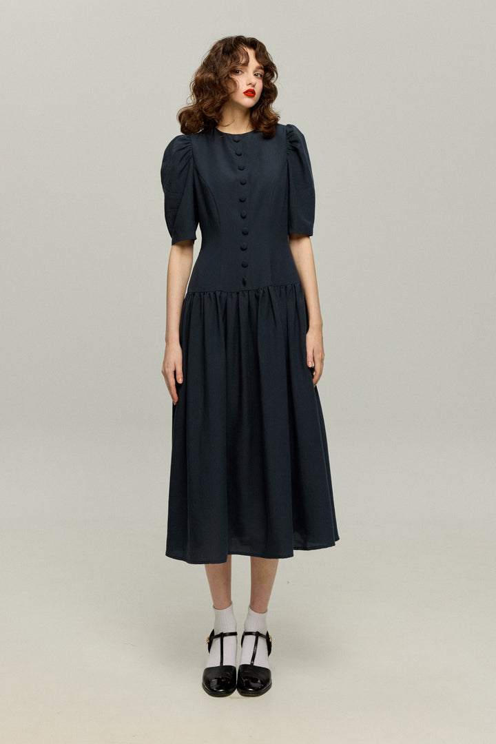 《お耳が長い動物って？》ハイウエストデザインドレス-Navy