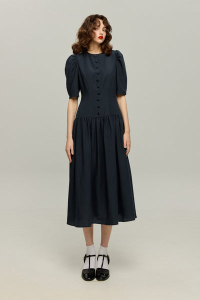 《お耳が長い動物って？》ハイウエストデザインドレス-Navy
