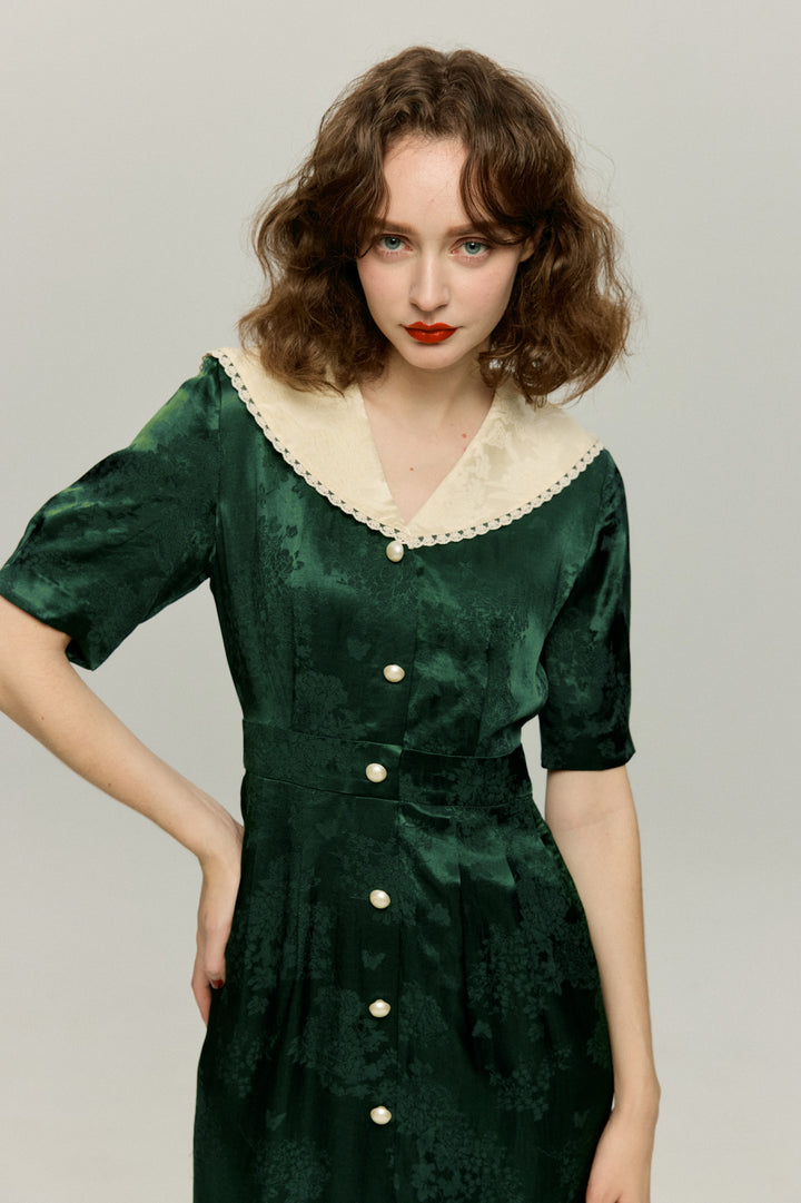 《一籠の包子は何個？》レーストリムジャガードワンピース-Green