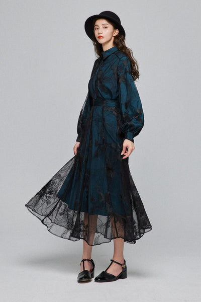 《サリーとデイヴィットのスキャンダル》シースルーエンブロイダリーハイウエストスカート-Dark green