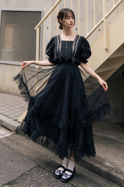 《実は私300歳》チュールフリルハイウエストフレアスカート-Black