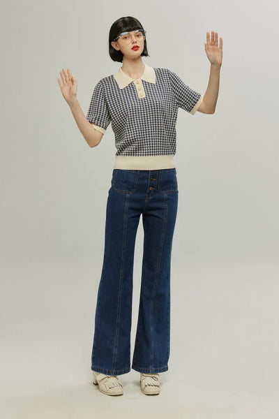 《お風呂に入りながら歌うアニー》フロントボタンハイウエストデニムパンツ-Navy