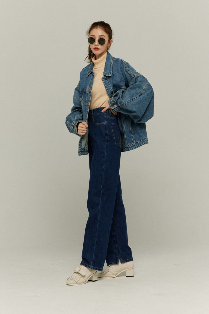 《隕石が落ちてくる》ハイウエストストレートデニムパンツ-Navy
