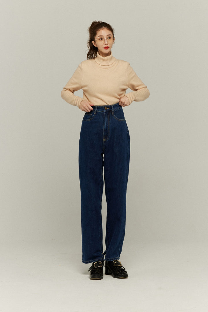 《隕石が落ちてくる》ハイウエストストレートデニムパンツ-Navy