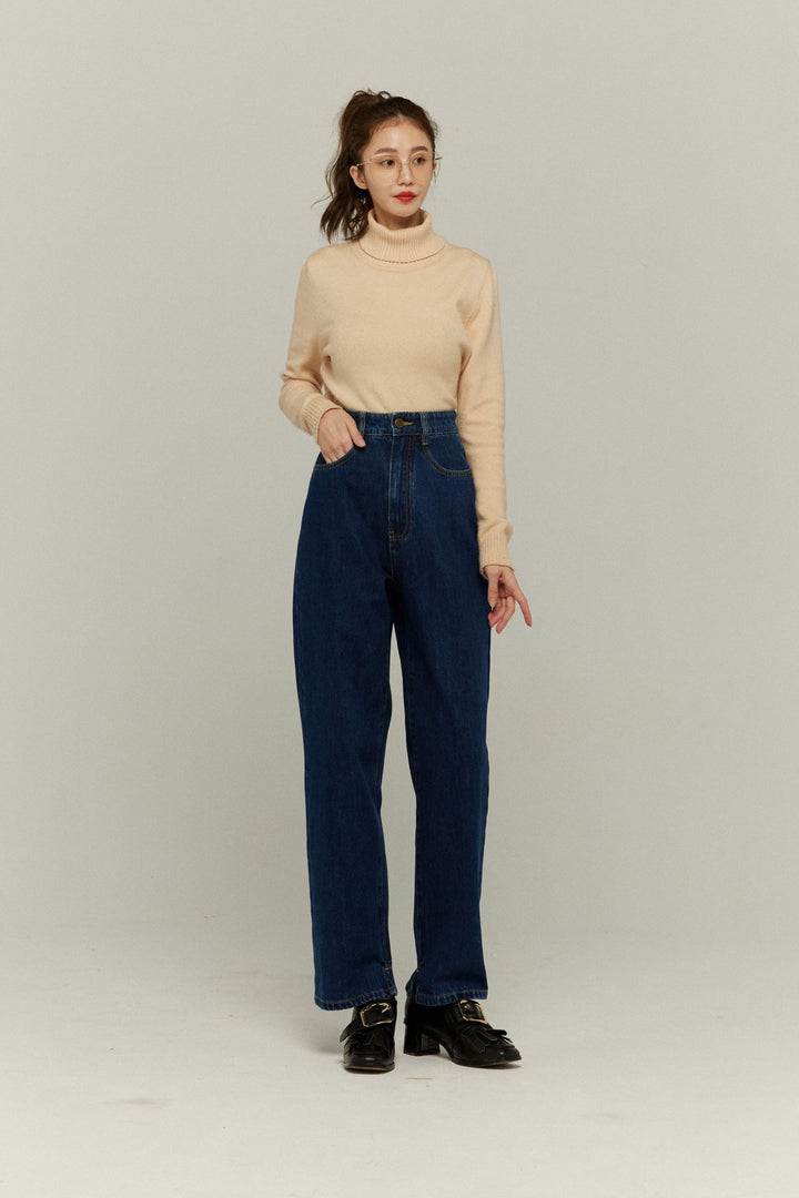 《隕石が落ちてくる》ハイウエストストレートデニムパンツ-Navy