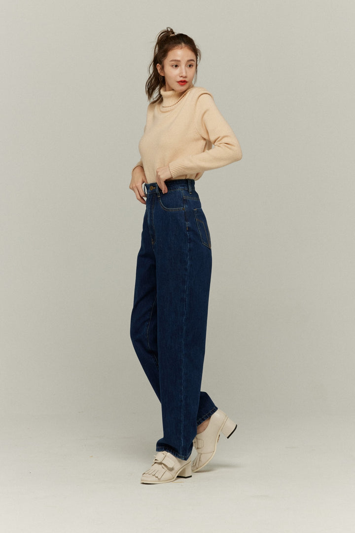 《隕石が落ちてくる》ハイウエストストレートデニムパンツ-Navy