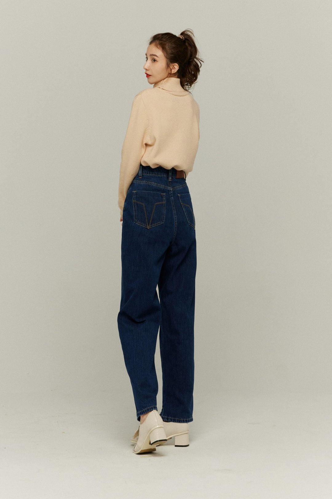 《隕石が落ちてくる》ハイウエストストレートデニムパンツ-Navy