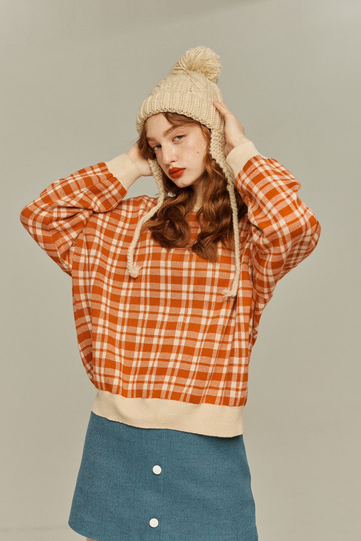 《いちごジャムがついちゃった》レトロチェックセーター-Orange red