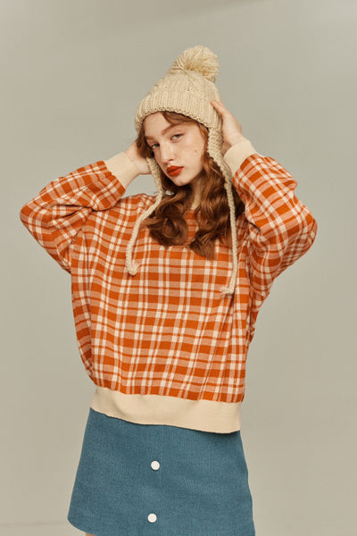 《いちごジャムがついちゃった》レトロチェックセーター-Orange red