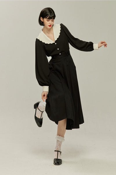 《おまけ付きのシリアル》スカラップデザインビッグカラーブラウス-Black