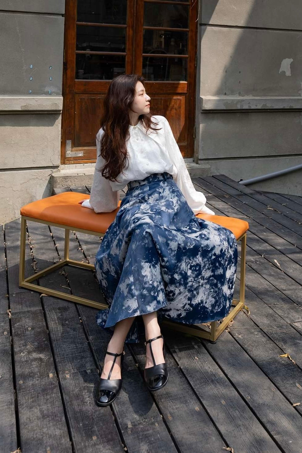 《まずは目隠しをしよう》シノワズリジャガードハイウエストスカート-Navy