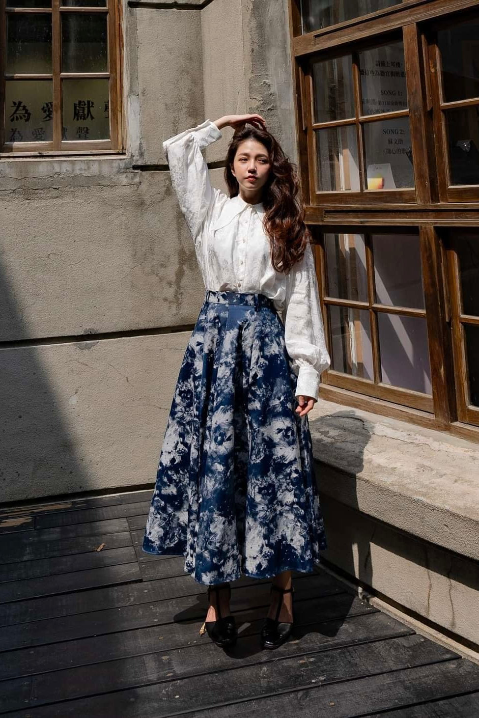 《まずは目隠しをしよう》シノワズリジャガードハイウエストスカート-Navy