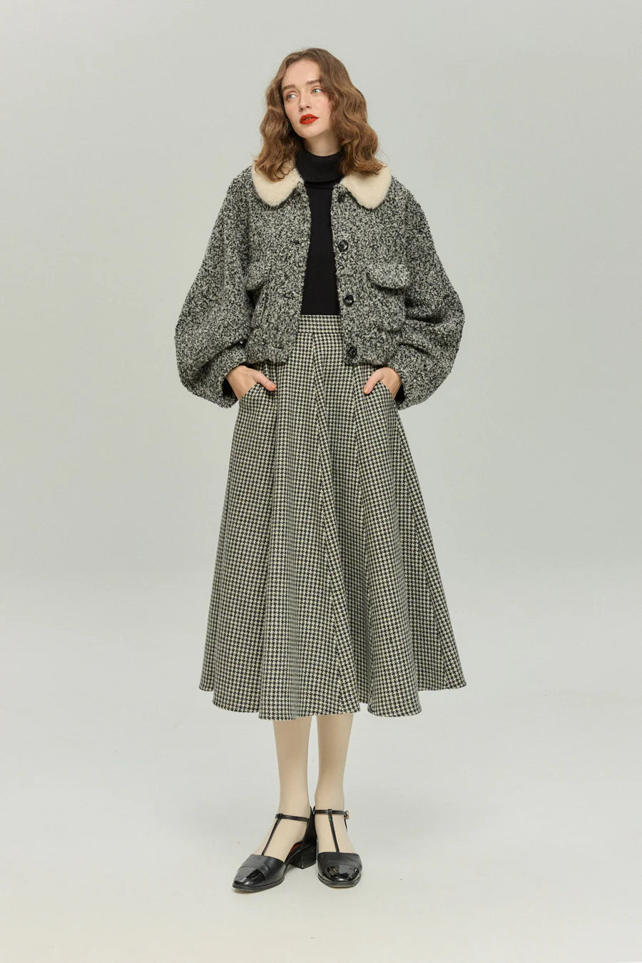 [British Derby Broadcasting] High Waist Check Skirt-Black