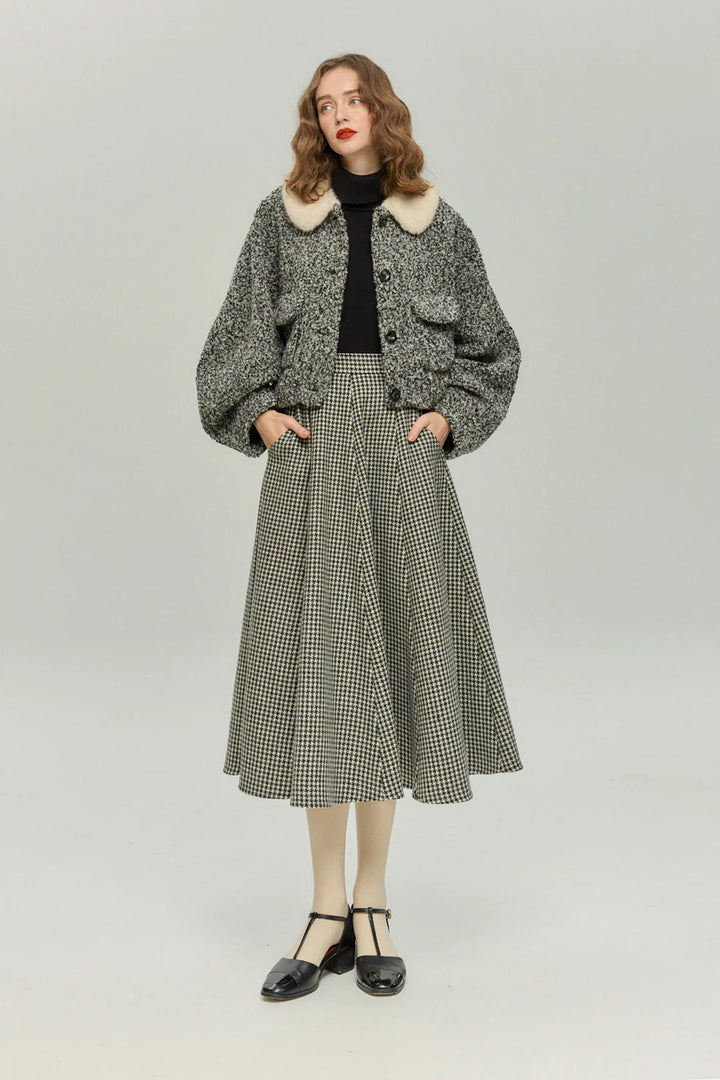 [British Derby Broadcasting] High Waist Check Skirt-Black