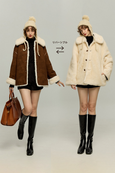 《顔に小麦粉ついてる》リバーシブルムスタンジャケット-Brown