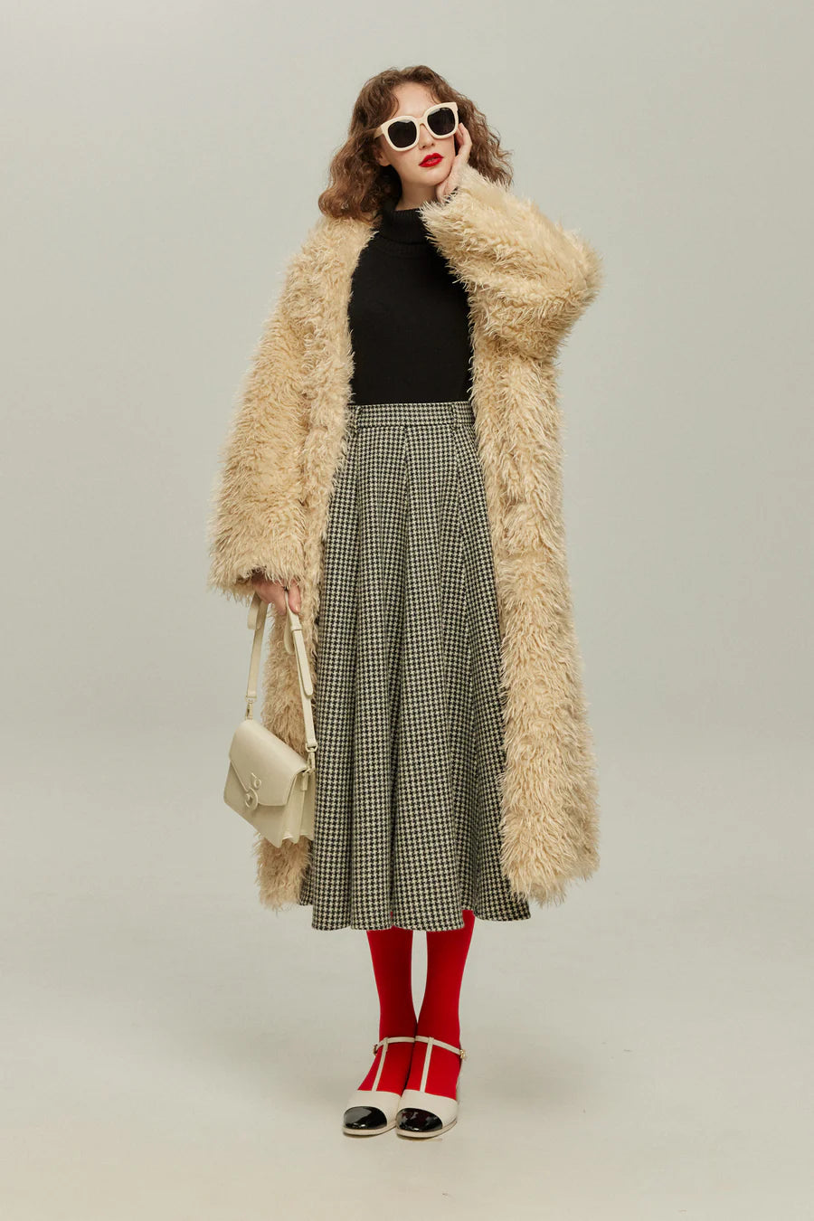 [British Derby Broadcasting] High Waist Check Skirt-Black