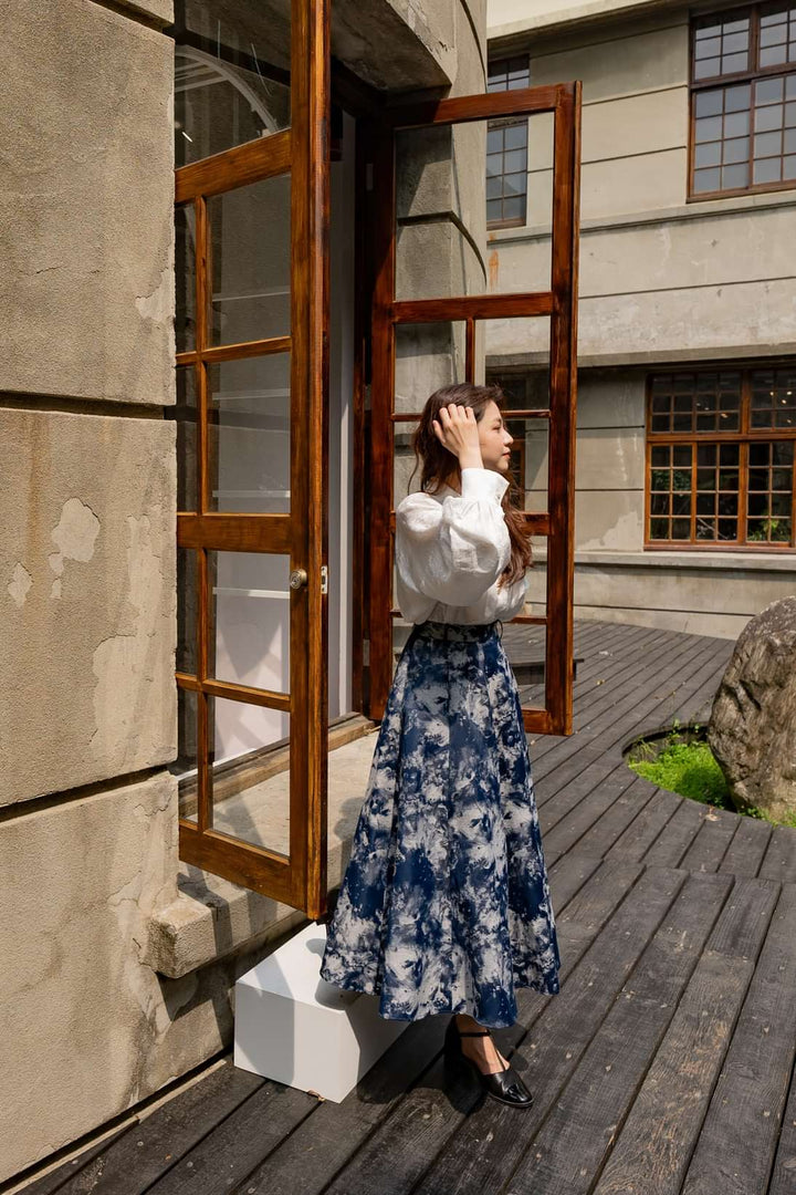 《まずは目隠しをしよう》シノワズリジャガードハイウエストスカート-Navy
