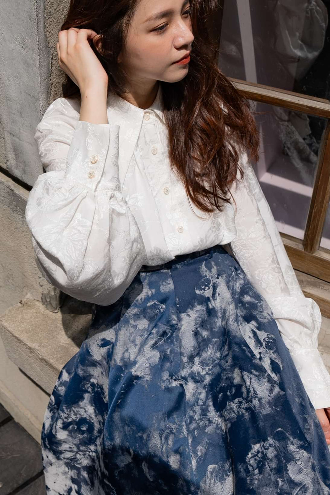 《まずは目隠しをしよう》シノワズリジャガードハイウエストスカート-Navy