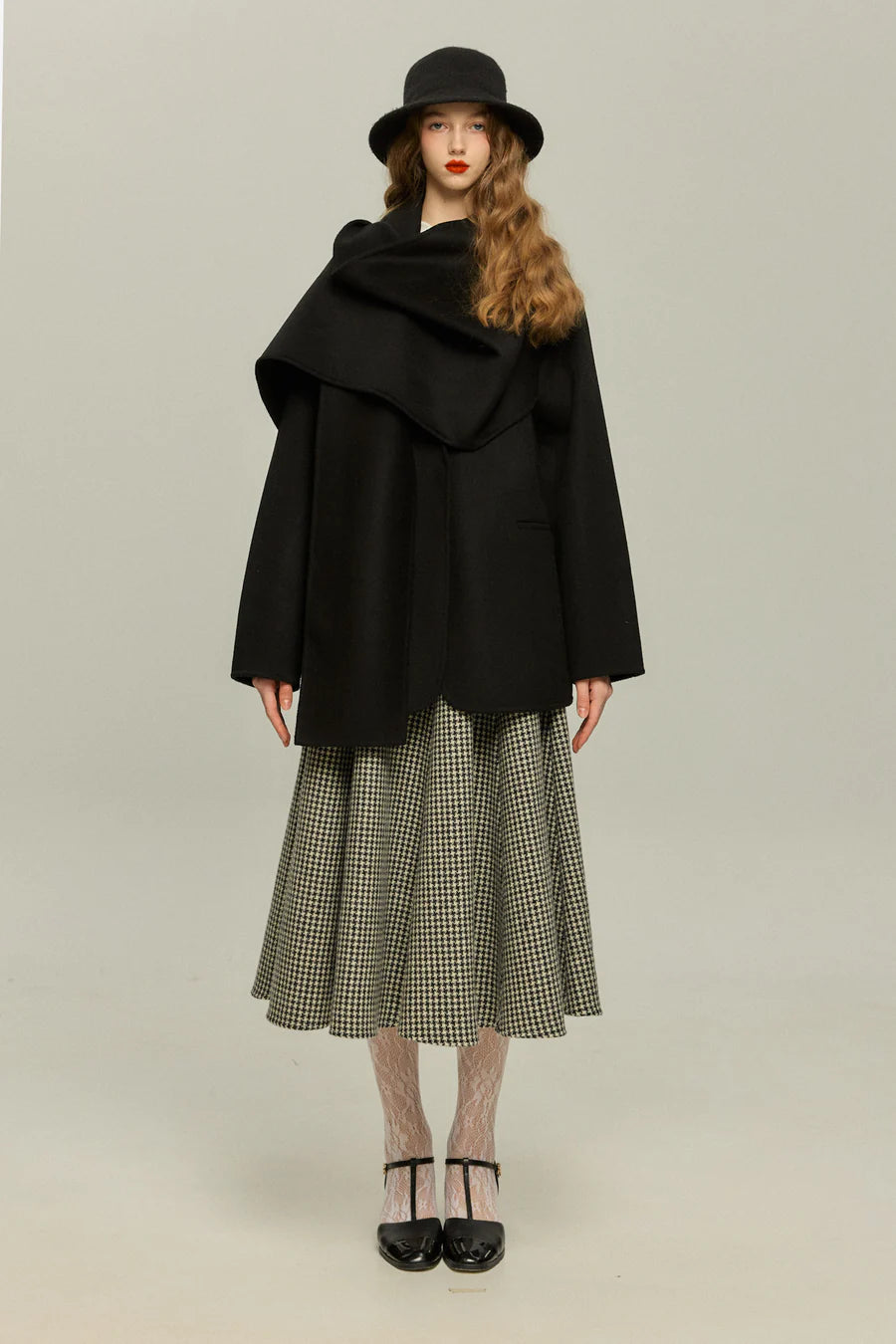 [British Derby Broadcasting] High Waist Check Skirt-Black