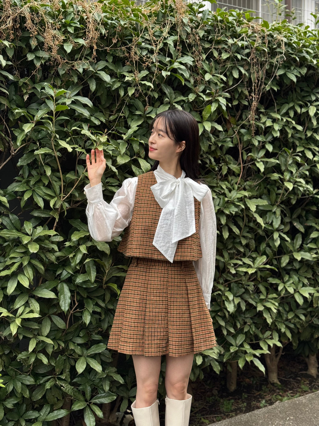 《夜のガーデナーさん》ハイウエストチェックプリーツスカート-Yellow