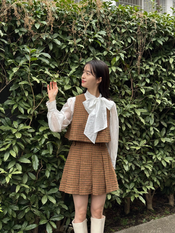 《夜のガーデナーさん》ハイウエストチェックプリーツスカート-Yellow