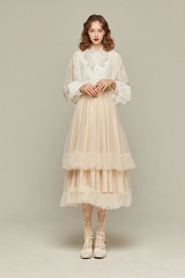 《実は私300歳》チュールフリルハイウエストフレアスカート-Cream