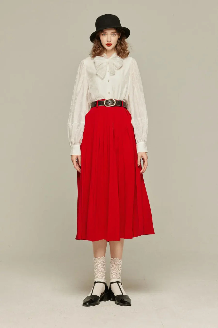 《フランス語は話せますか？》ハイウエストプリーツスカート-Red