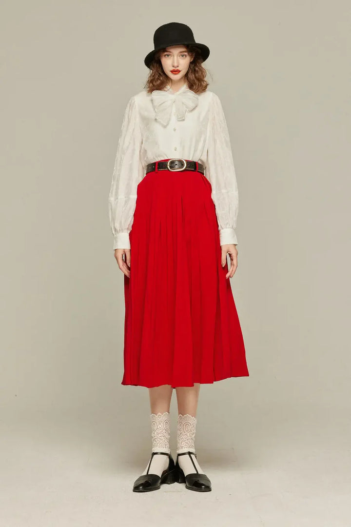 《フランス語は話せますか？》ハイウエストプリーツスカート-Red