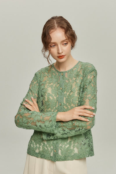 《午後には陶芸教室がある》フラワーレースシースルートップス-Green